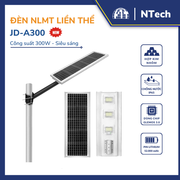 Đèn đường 300w – Đèn năng lượng mặt trời liền thể JD-A300