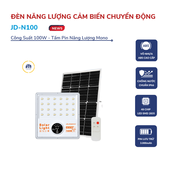 Đèn năng lượng mặt trời chống trộm 100w JD-N100