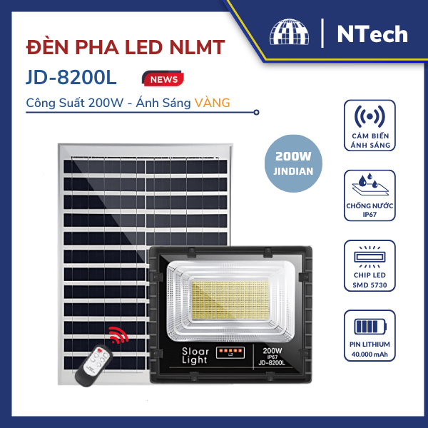 Đèn Năng Lượng Mặt Trời 200W Ánh Sáng Vàng JD8200L