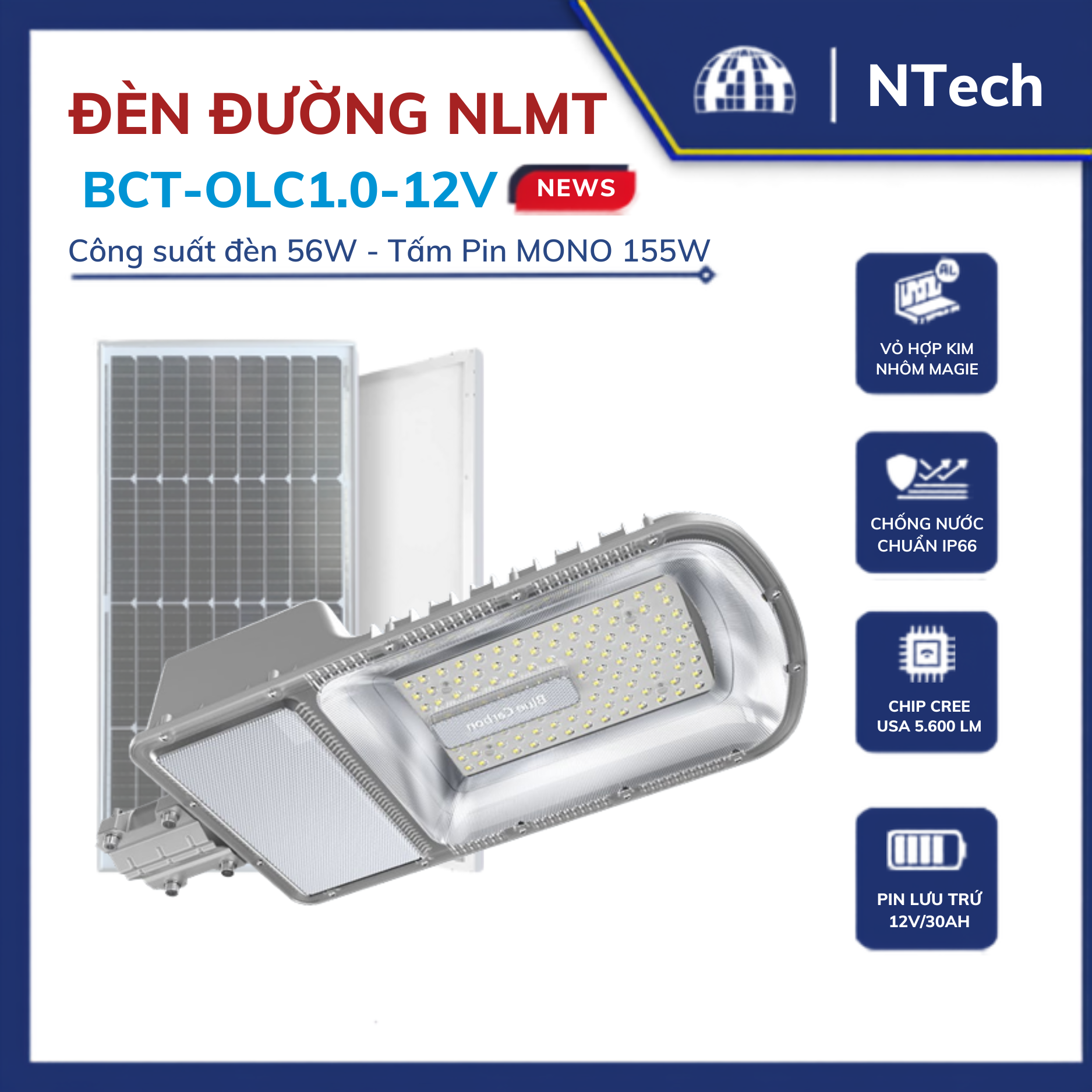Đèn năng lượng mặt trời Blue Carbon 56W BCT-OLC1.0-12V