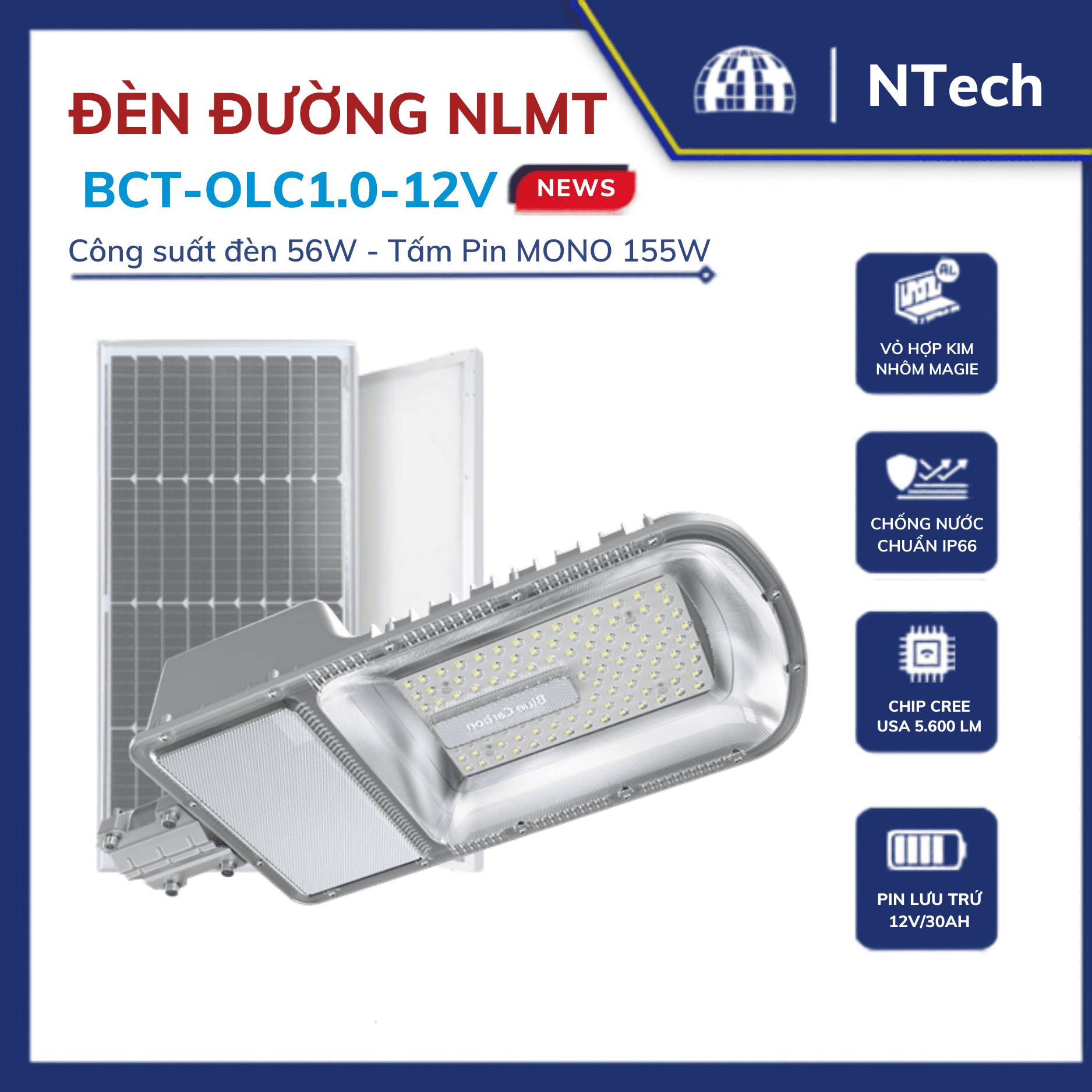 Đèn năng lượng mặt trời Blue Carbon 56W BCT-OLC1.0-12V-0
