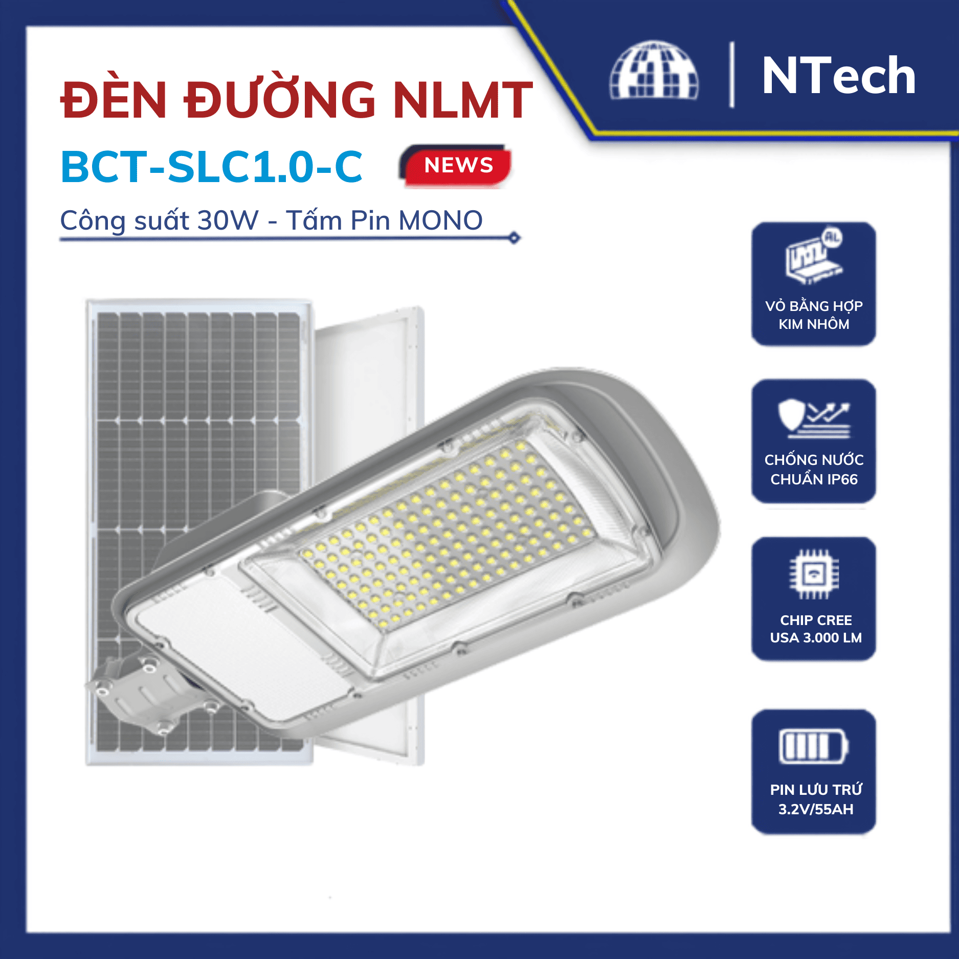 Đèn đường năng lượng Blue Carbon 30W BCT-SLC1.0-C