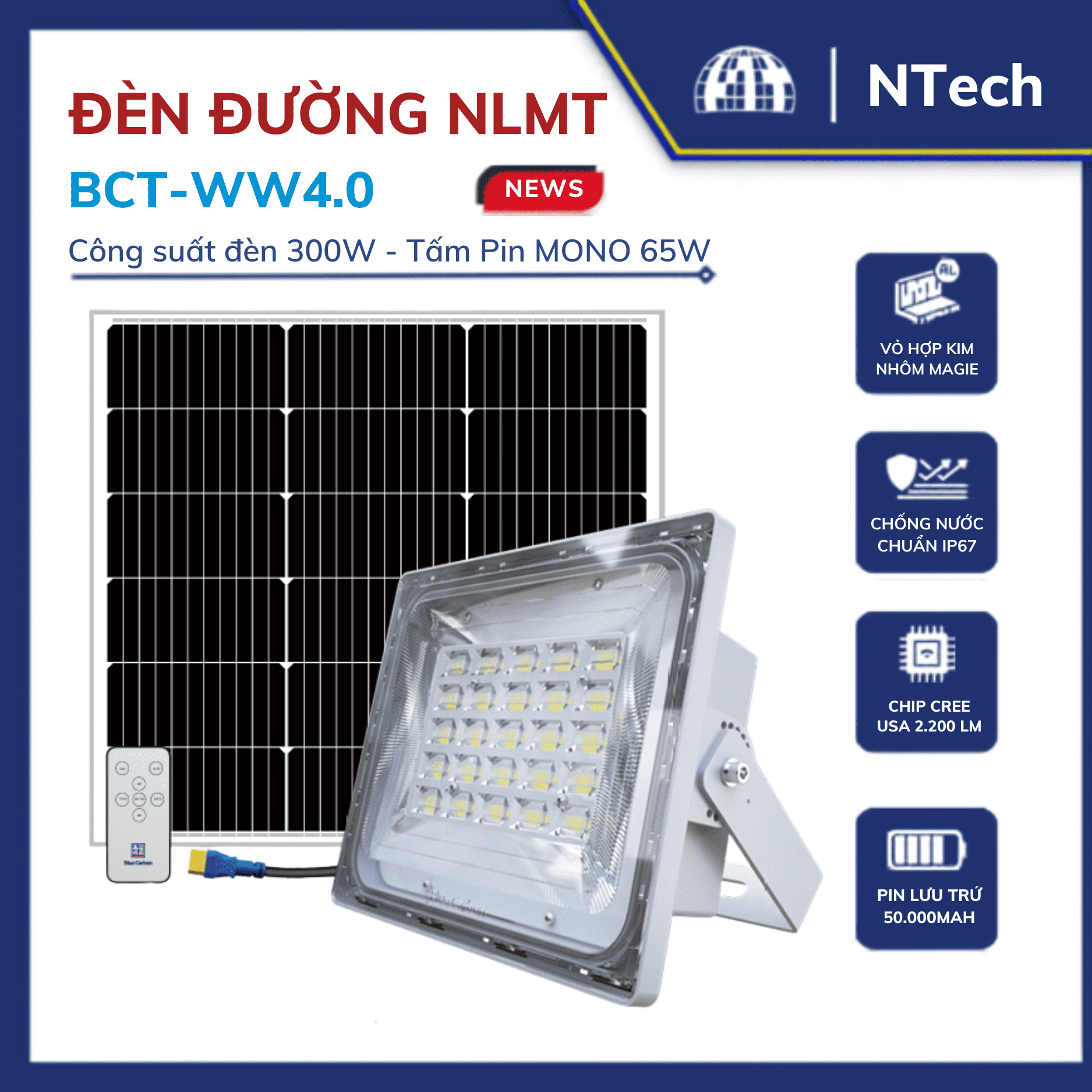 Đèn pha năng lượng mặt trời Blue Carbon 300W Mã BCT-WW4.0