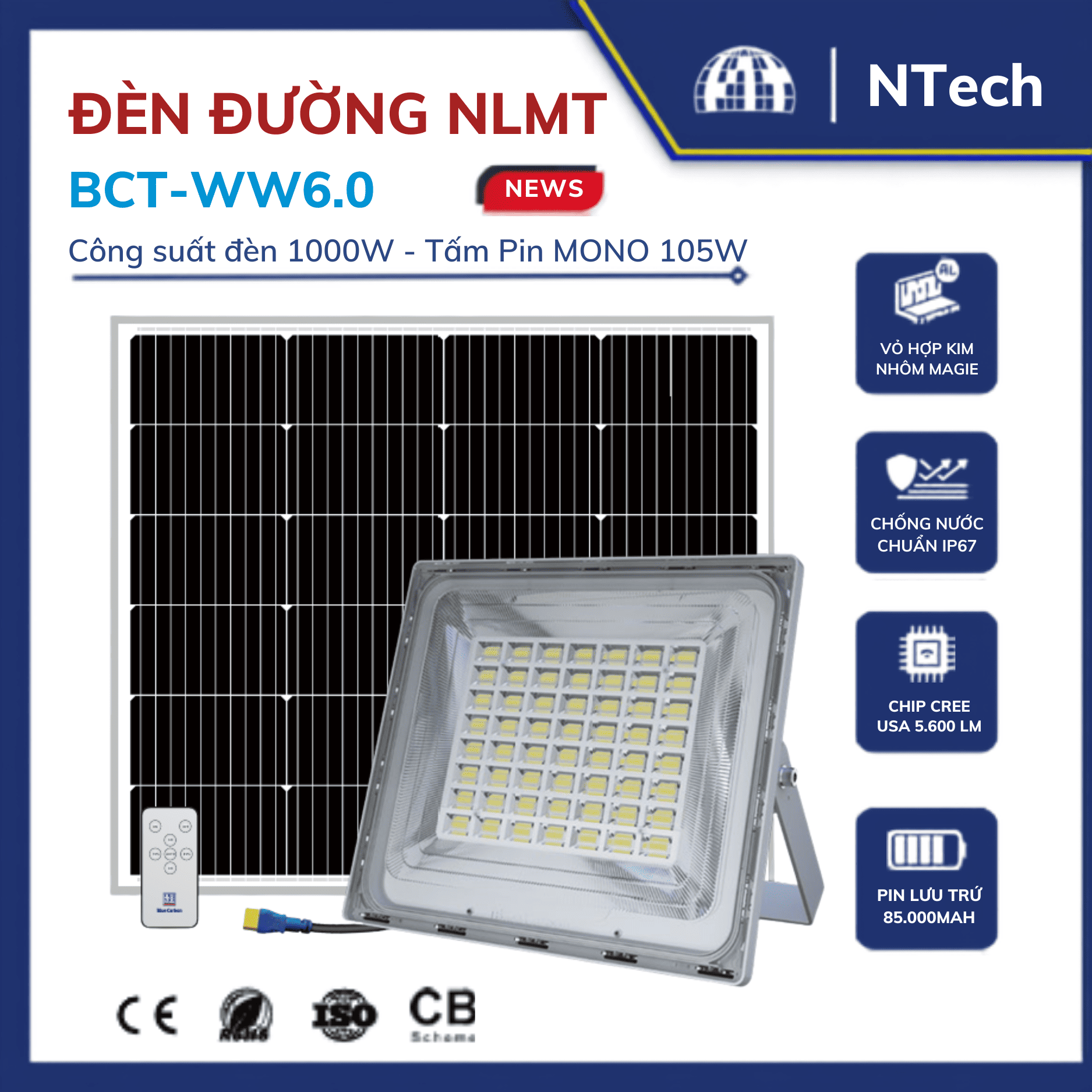 Đèn pha năng lượng mặt trời Blue Carbon 1000W mã BCT – WW6.0