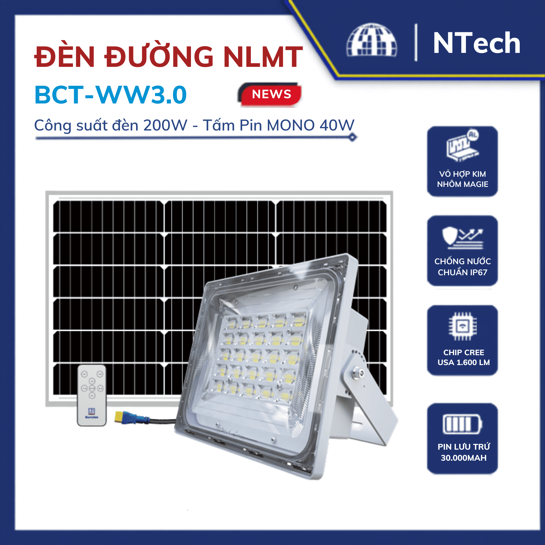Đèn pha năng lượng mặt trời Blue Carbon 200W Mã BCT- WW 3.0